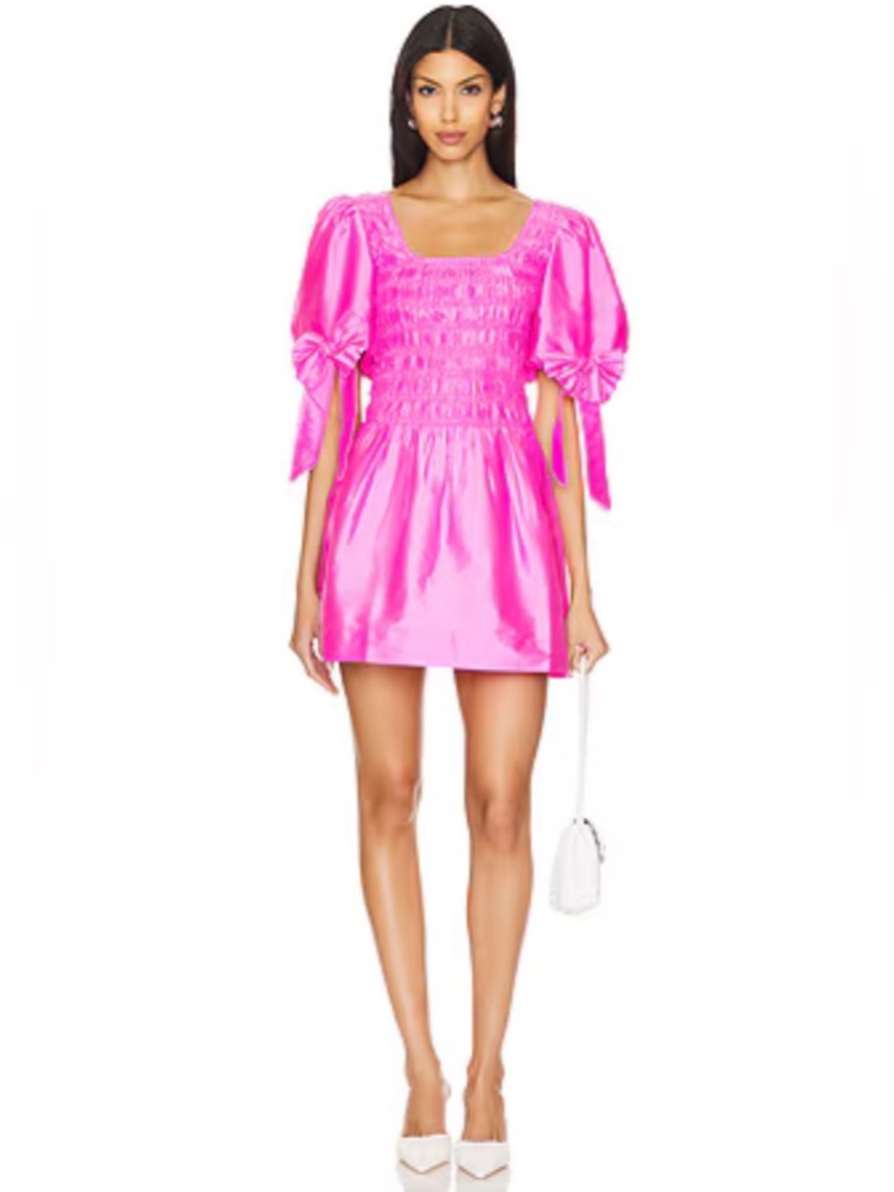 Damson Madder Pink Lauren Mini Dress Puff‎ Sleeve Bows Taffeta UK 8 US 4